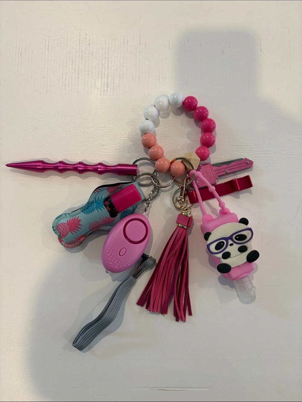 Pink Beaded Women’s Keychain Safety Wristlet w Panda Hand Sanitizer & Alarm